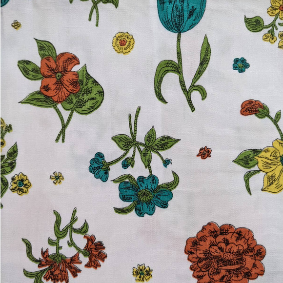 Vintage Mid-Century Floral Fabric, Day Lilies Tulips Mums, Blue Orange Yellow - Picture 7 of 10